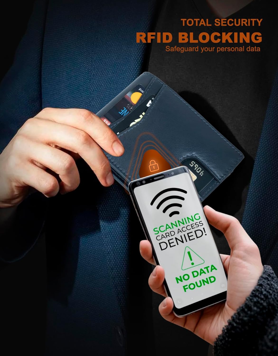 Marc Peter Wallet for Men Slim Bifold RFID Blocking with 2 ID Window up to 14 cards Minimalist Front Pocket Full Grain Leather Wallet and Gift Box Nappa Navy - Image 3