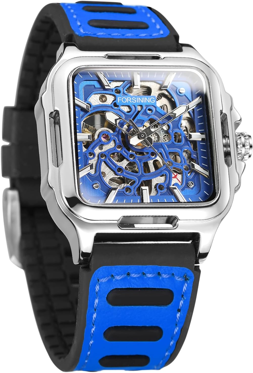 FORSINING Men's Waterproof Skeleton Stylish Watch Automatic Steampunk Self Winding Silicone Strap Luminous Square Wrist Watch