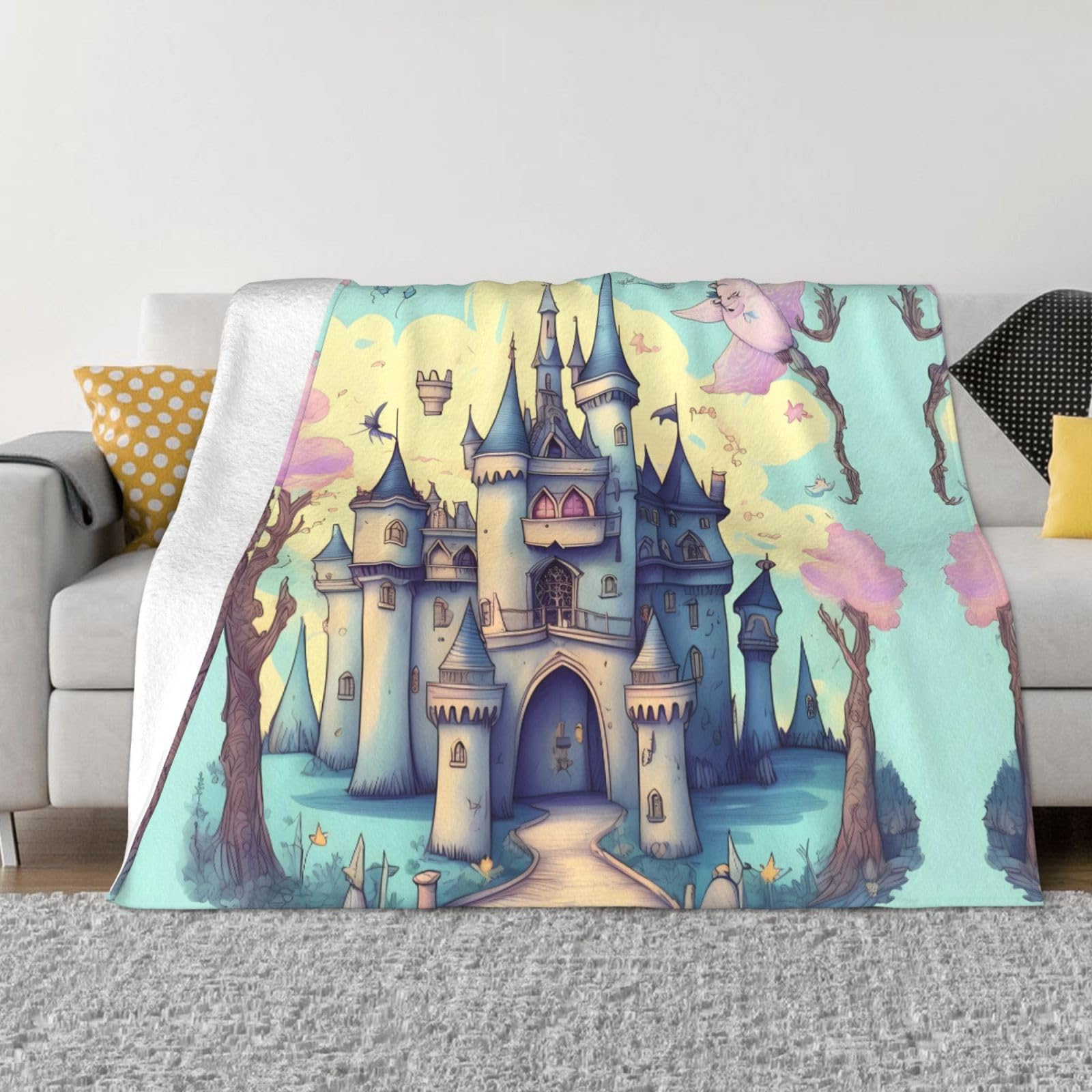 Couverture en flanelle haut de gamme motif château de conte de fées, plaid canapé doux