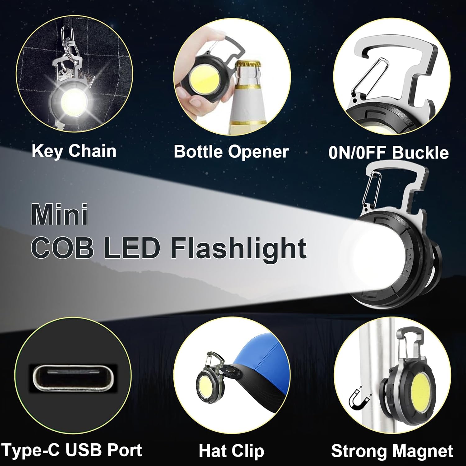 SEFONE Keychain Flashlight 2 Pack, 1000 Lumens EDC Flashlight COB Work Light, Bottle Opener Keychain Mini Pocket Flashlight with Magnet Bracket Folding for Biking Fishing Running