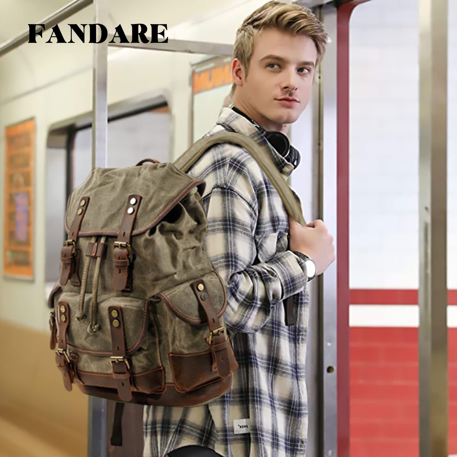 FANDARE Zaino per Uomo e Donna Zaino Casual Grande Capacità 21.6L Design Vintage Zaino in Tela per Viaggio e Lavoro Borsa per Laptop 15.6 Pollici