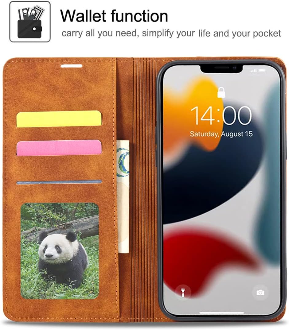 QLTYPRI Case for iPhone 15, Premium PU Leather Cover TPU Bumper with Card Holder Kickstand Hidden Magnetic Adsorption Shockproof Flip Wallet Case for iPhone 15 - Brown - Image 2