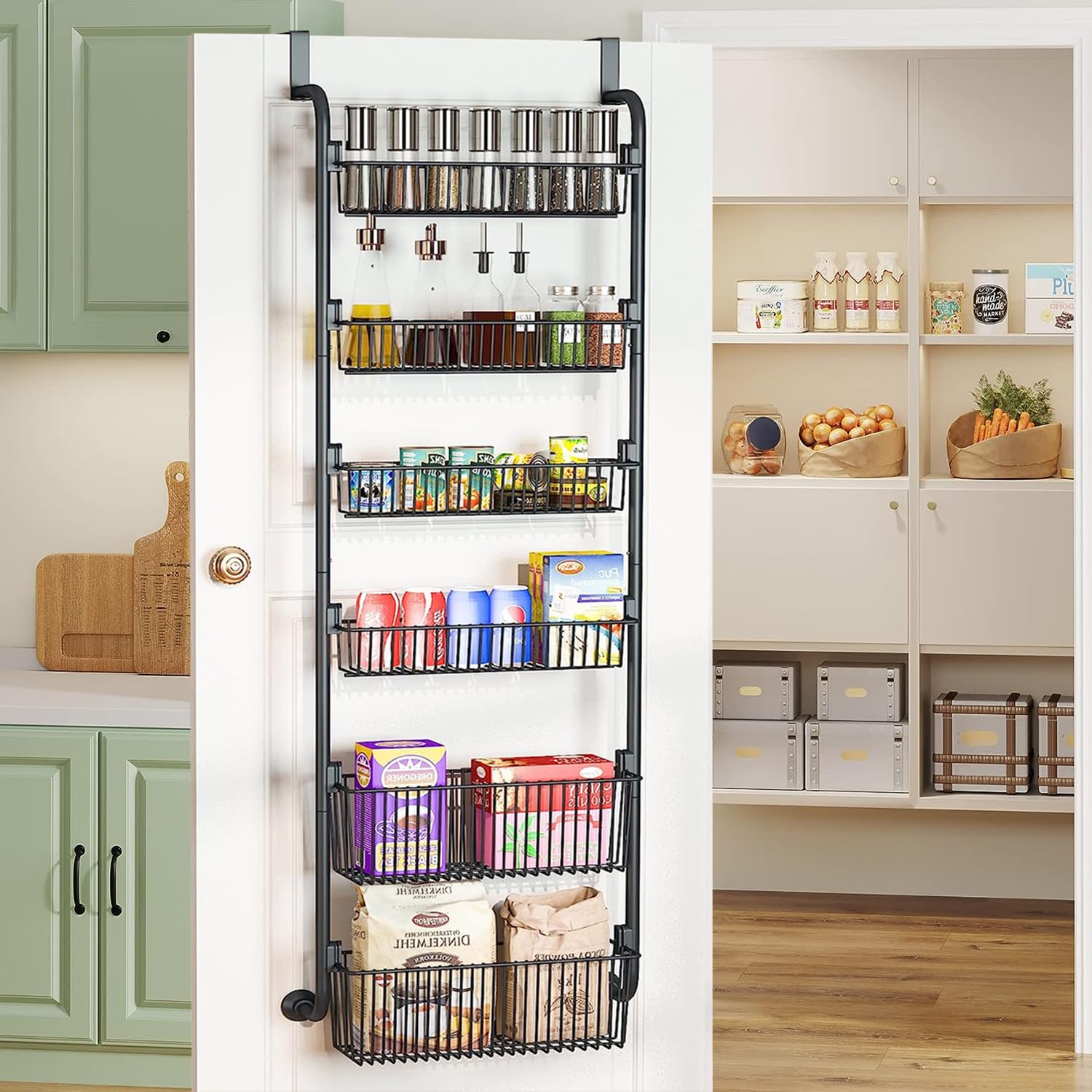 Angju 6-Tier Over the Door Pantry Organizer with 4 + 2 Full Baskets, Heavy-Duty Metal Hanging Spice Rack for Door Bathroom Kitchen, Closet Storage, Space-saving
