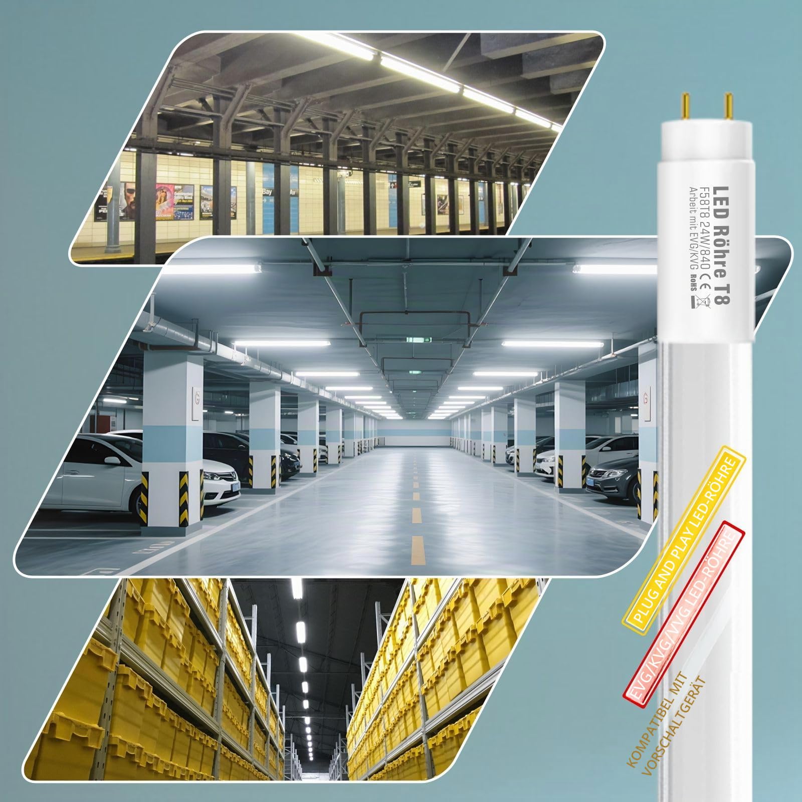 IHYCTV LED Röhre 150cm, 24W, 3885 Lumen, G13 T8, EVG/KVG/VVG Kompatibel, 4000K Neutralweiß, 4er Pack