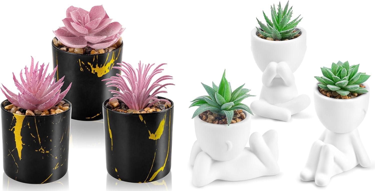 Der Rose Bundle of Set of 2 Fake Plants and 3 Packs Fake Succulents Plants for Room Bathroom Home Office Desk Accessories Decor