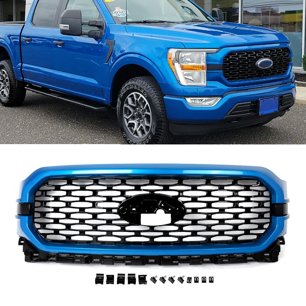 Front Grill Compatible with 2021 2022 2023 F-150 XL XLT Velocity Blue Frame&Black Honeycomb Inset Replace For ML3Z-8200-LBPTM