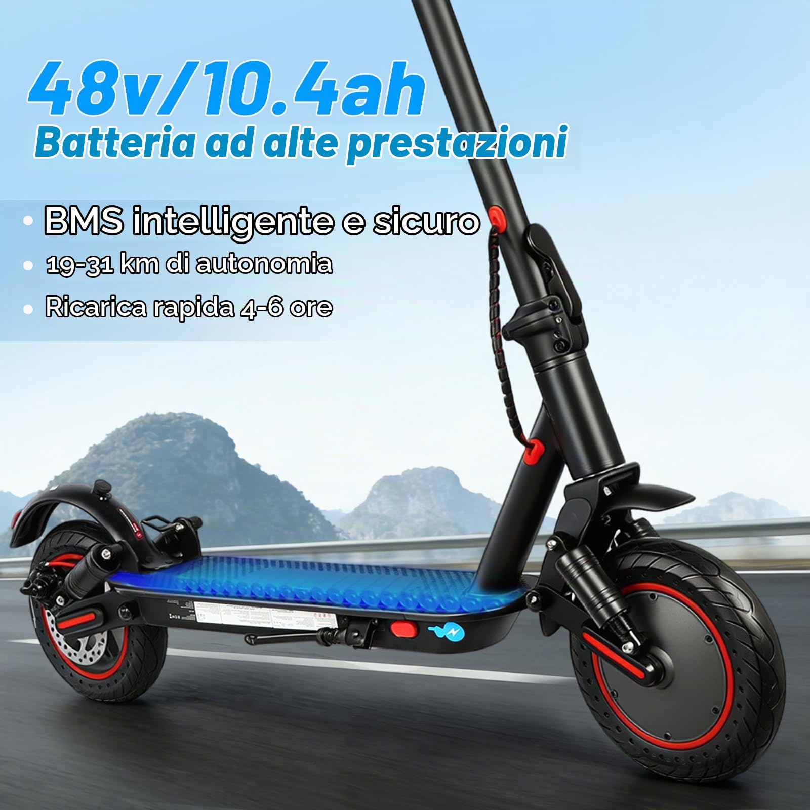 Monopattino Elettrico,Autonomia 30 km, Velocità max 25 km/h, Batteria 36V 10.4Ah, Doppi freni a disco con EABS, Pneumatici solidi 10", Monopattino da città, Controllo App, pendenza max 15%