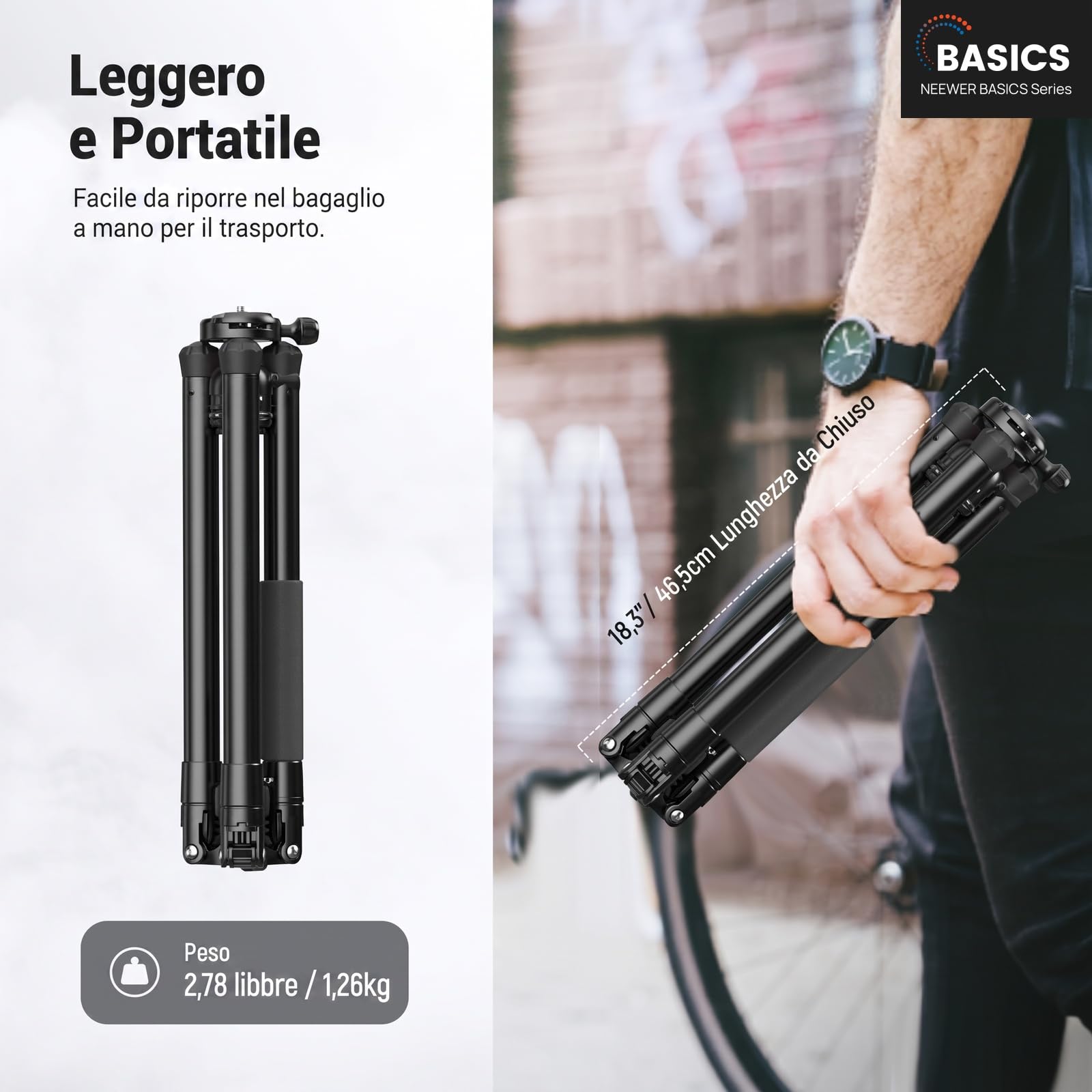NEEWER BASICS Monopiede Treppiede Fotocamera da 145cm con Piastra QR Arca Testa Sfera Porta Telefono, Tripod da Viaggio Compatto e Portatile per iPhone DSLR Videocamera Video Streaming, Max 3kg, TP68