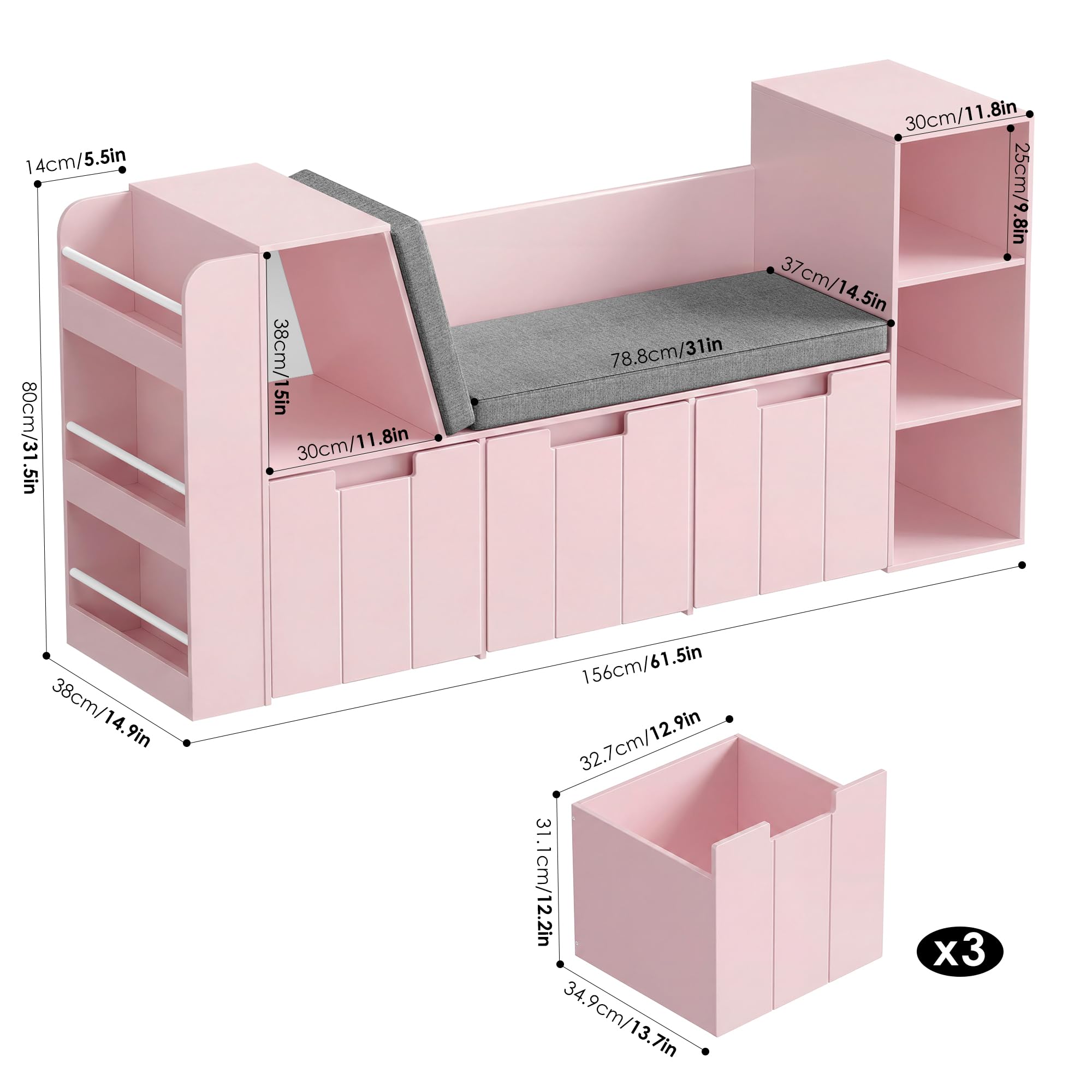 HOCSOK Bibliothèque Enfant, 156 cm Étagère pour Enfants avec Bibliothèque Banc, Meuble Rangement Jouet avec 3 Tiroirs Roulants, Rose, 80×38×156 cm