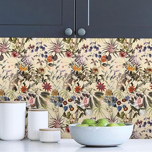Miniatura 2 de Papel tapiz autoadhesivo de 18 x 236 pulgadas, diseño bohemio de flores silvestres y hojas, papel de contacto extraíble para despegar y despegar,