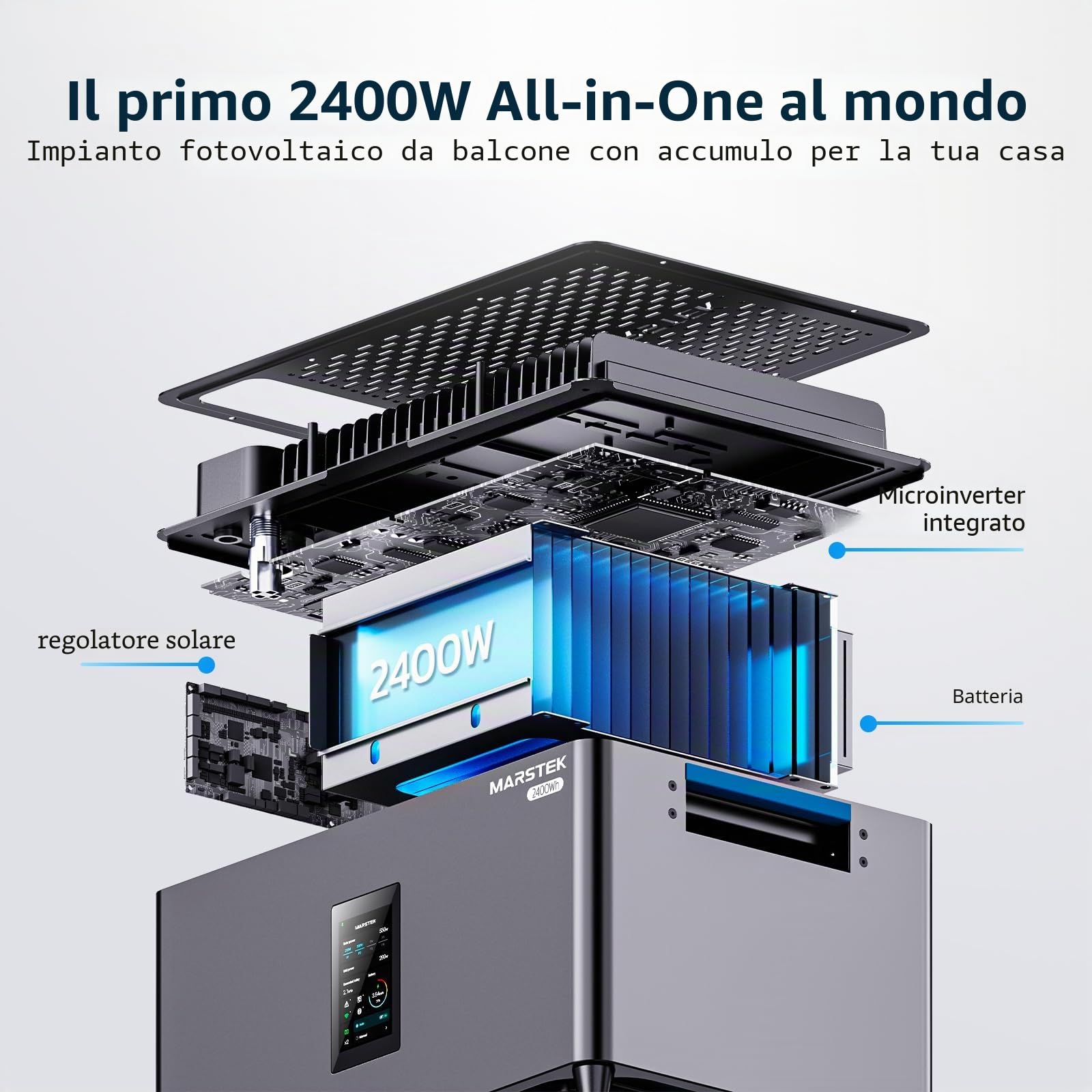 MARSTEK Centrale elettrica da balcone all-in-one con accumulo, 4 MPPT ingresso solare 2400W, capacità batteria 2.56kWh, 6000 cicli di ricarica, batteria LFP, con APP, Plug&Play, 0% IVA (Jupiter C plus
