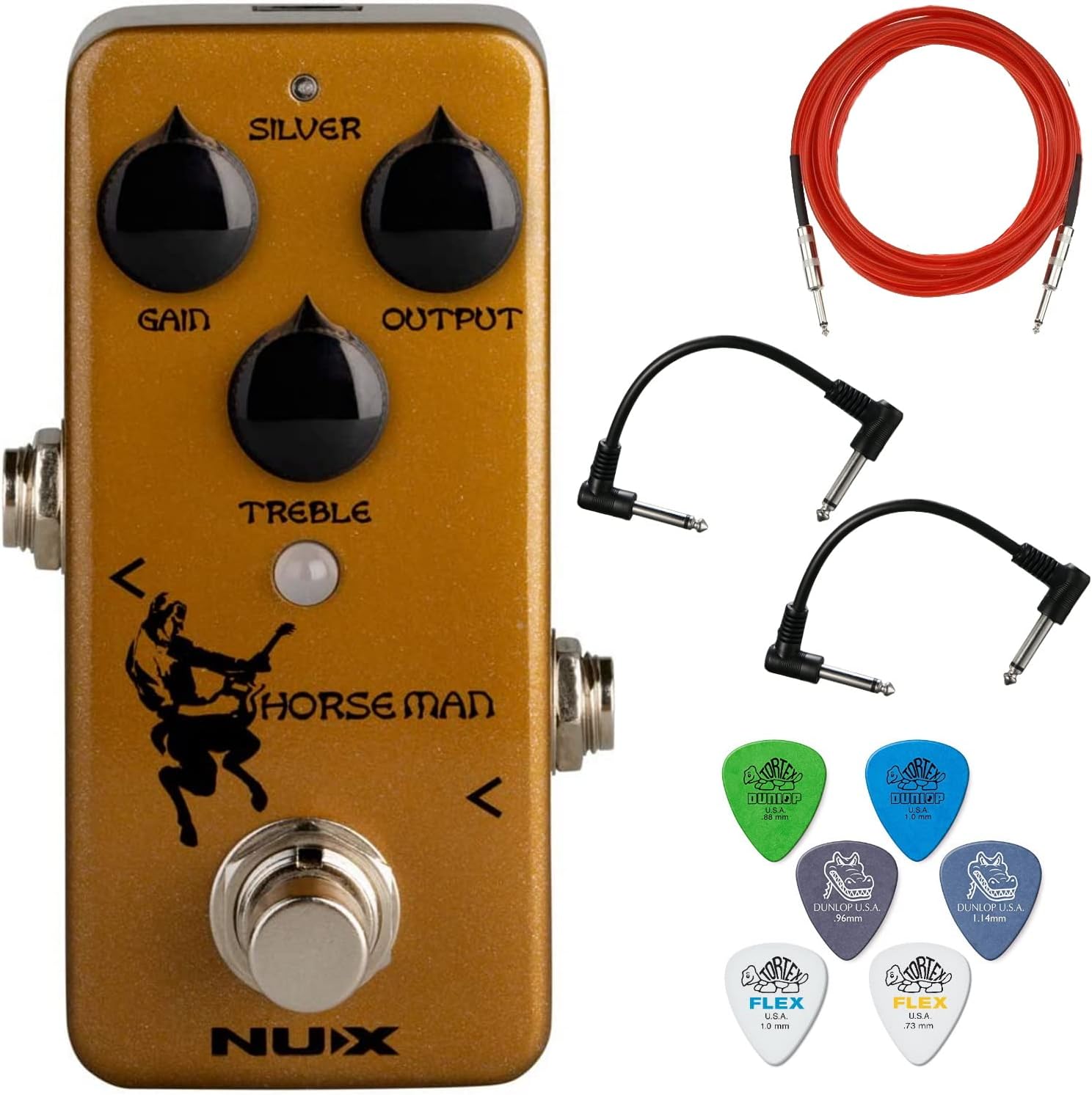 Briskdrop NUX Horseman Overdrive Guitar Effect Pedal Bundle with Instrument Cable, 2 Patch Cables, and 6 Dunlop Picks, Assorted,Gold,Transparent,Silver