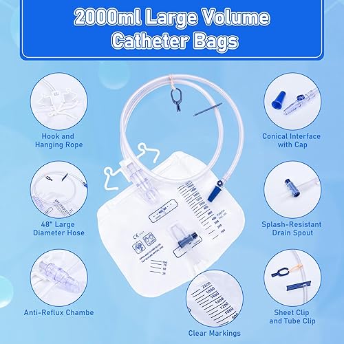 Miniatura 2 de Bolsas para catéter, bolsas de orina de 67.6 fl oz para hombres, bolsa de drenaje urinario con cámara antirreflujo mejorada, tubo de drenaje grueso