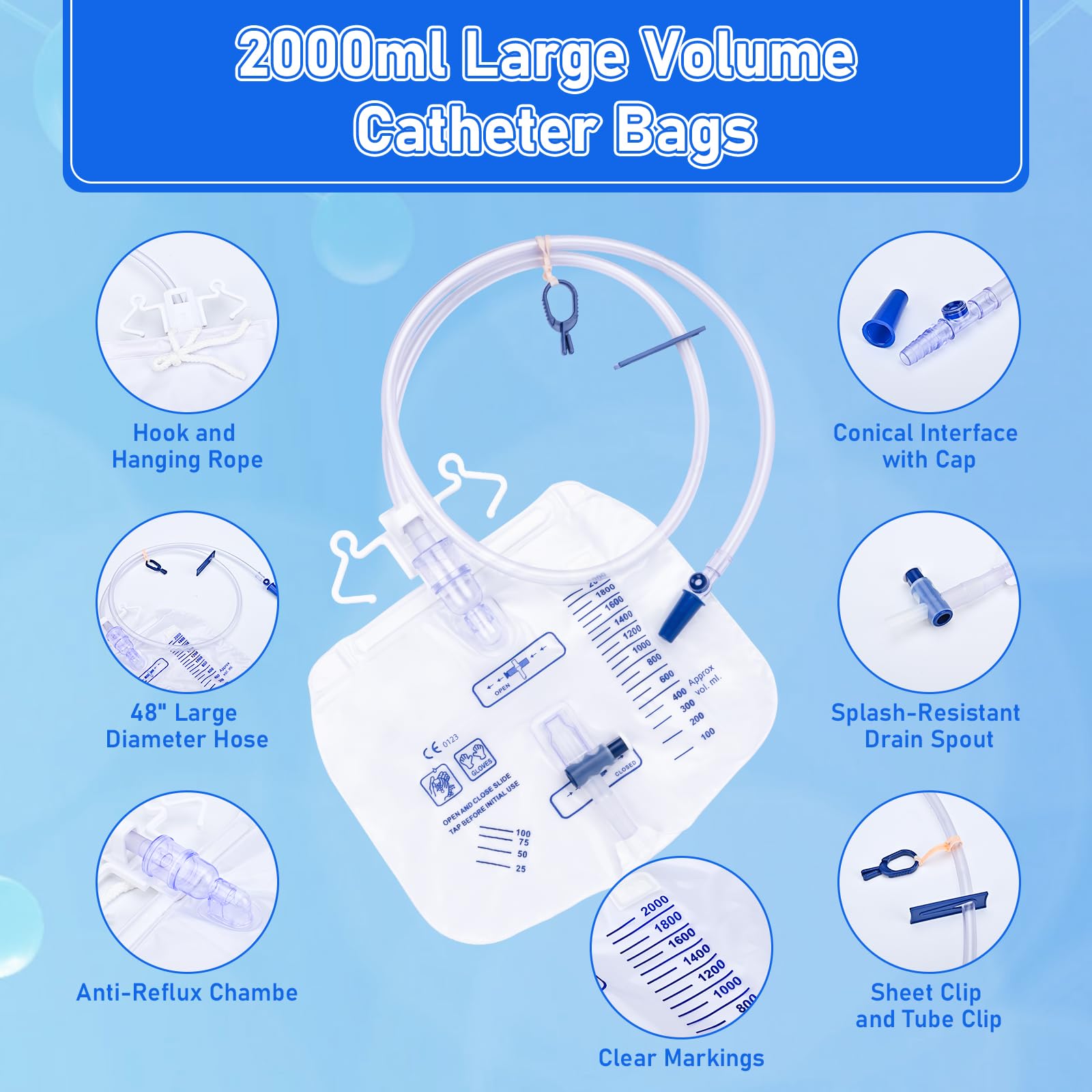 Katheterbeutel, 2000 ml Urinbeutel für Männer, Harnablaufbeutel mit verbesserter Anti-Reflux-Kammer, 121,9 cm verdickter Drainagerohr, verstellbare Clips und Haken zum Aufhängen, 5 Stück