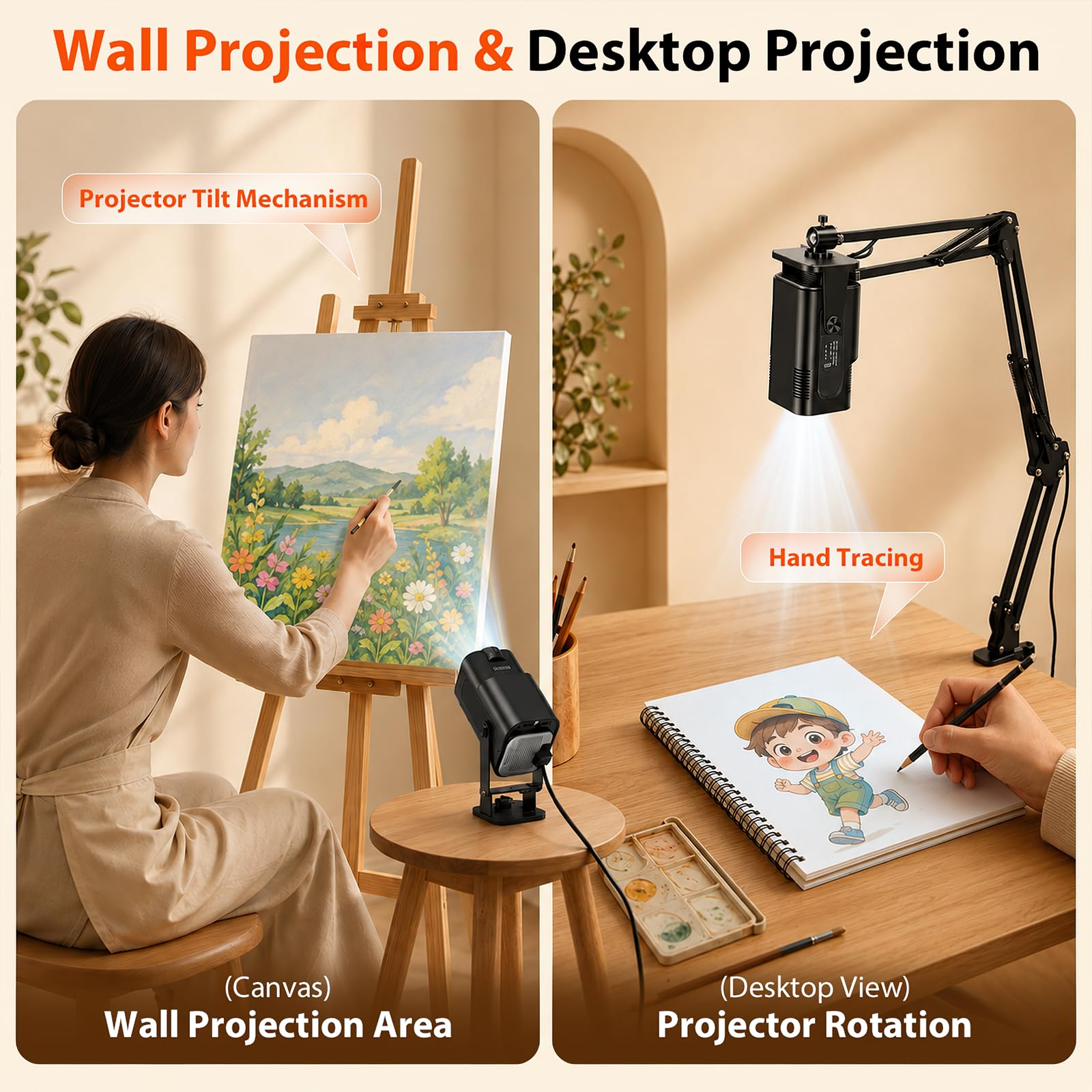 Zeichenprojektor 720P HD mit Fernbedienung, Zeichnen Projektor für Künstler, Tragbarer Skizzenprojektor mit WLAN & Auto Trapezkorrektur, Projektionsfläche einstellbar, für Malerei Kalligraphie