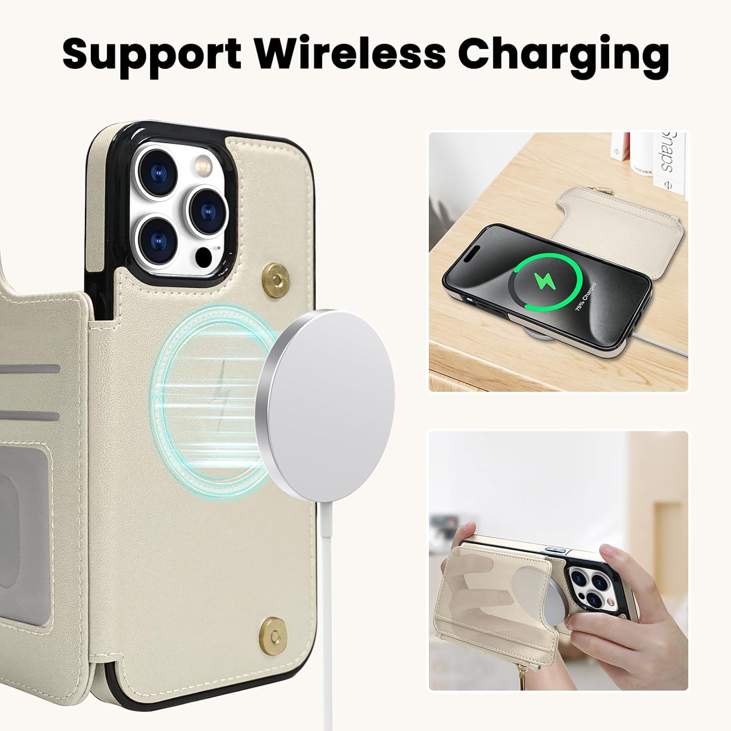 Delidigi for iPhone 15 Pro Max Case Wallet with Card Holder Compatible with MagSafe,Women Flip PU Leather Cover Zipper Pouch Wallet Case for iPhone 15 Pro Max, Support Wireless Charging Beige - Image 3