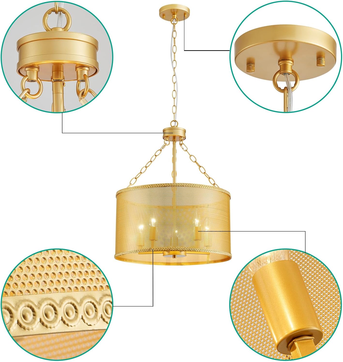 Mid-Century Gold Mesh and Chain Metal Drum Chandelier, 5-Light with E12 Socket, D17.8*H26.2~74 inch (Adjustable Height) | Fit for Dining Room, Living Room, Bedroom, Hallway, Kitchen, Foyer