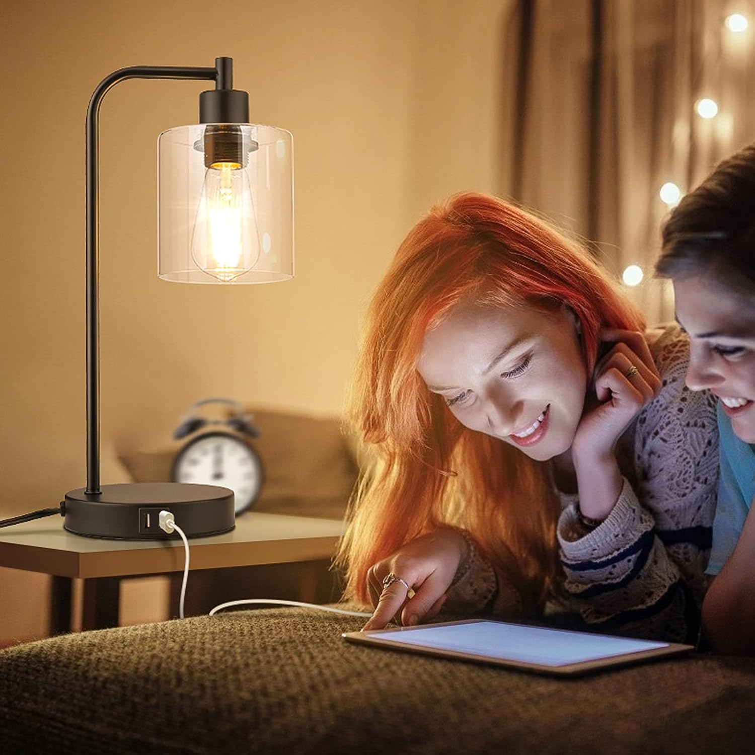 MAXvolador 2-Pack Industrial Touch Control Table Lamp, 3 Way Dimmable 2 USB Charging Ports Bedside Nightstand Reading Lamp with Clear Glass Shade, 6W 2700K LED Bulb for Bedroom, Living Room