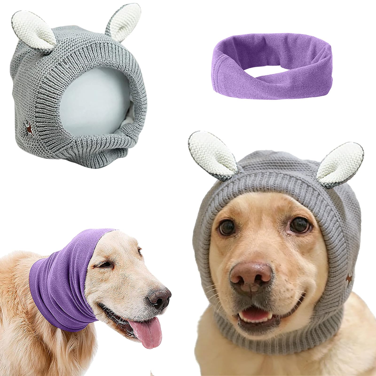 Quiet Ears for Dogs Anxiety Barking Dog Ear Covers Muffs Snood for Noise 2PCS Hearing Earmuffs Fireworks Protection Anti Anxiety Dog Hat for Medium to Large Dogs (Large, Purple & Grey)
