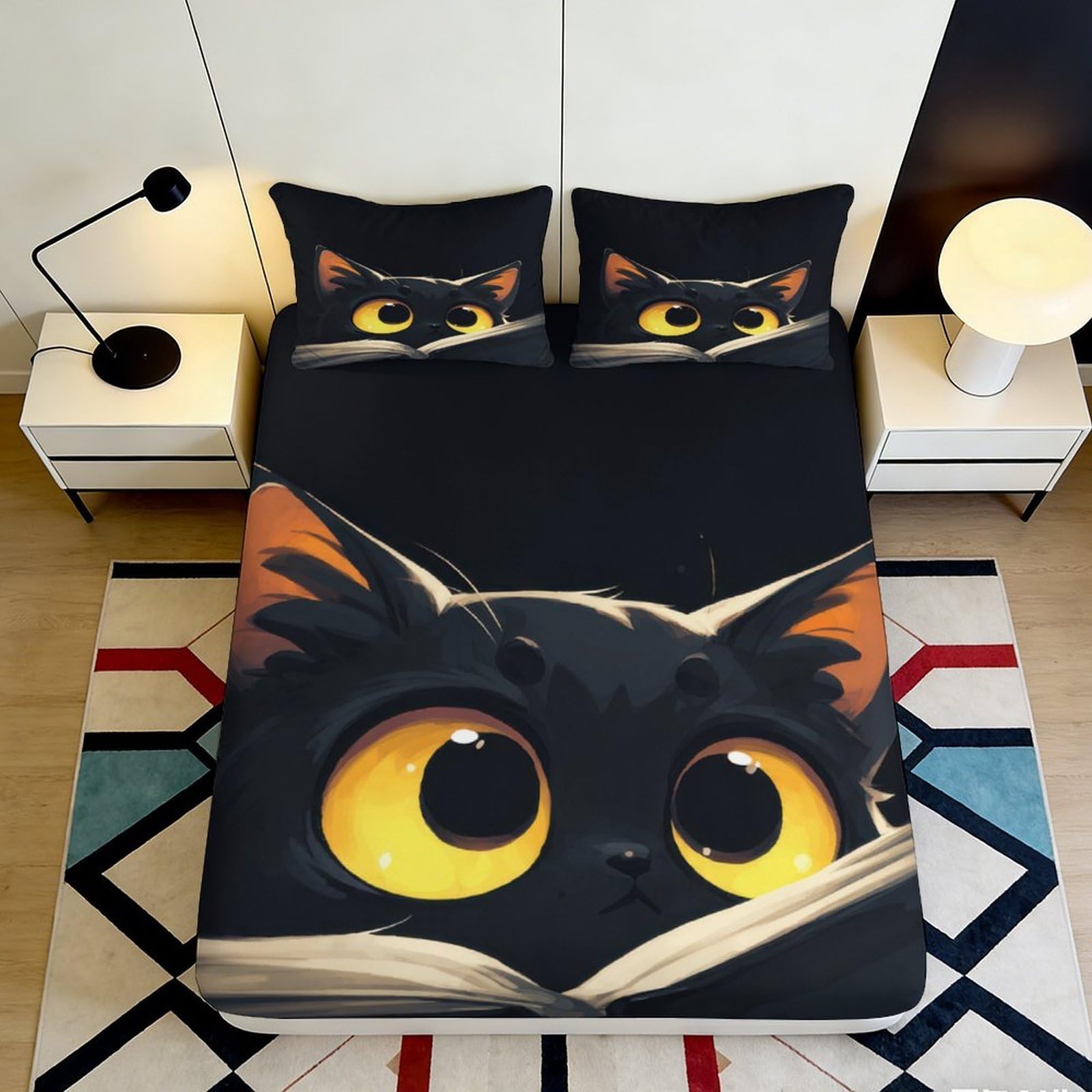 3D Printed Black Cat Pattern Fitted Sheet Microfiber Soft Breathable Large Eyes Bed Cover for Bedroom Dormitory Guest Room Mattress Protection 140x200x25cm