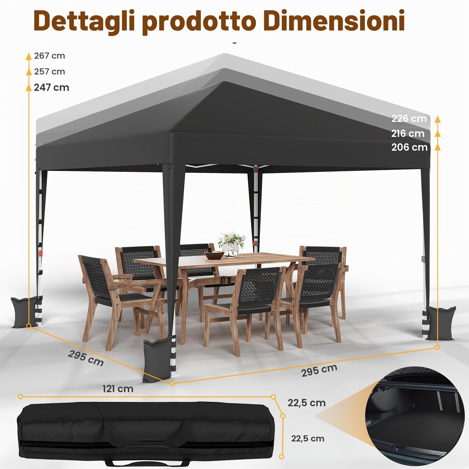 JUMMICO Gazebo Pieghevole 3x3 Piegatura e Riposizione Facili Protezione Anti-UV Altezza Regolabile Impermeabile e Stabile Ideale per Giardino, Campeggio, Feste e Altro Ancora Grigio