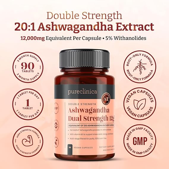 pureclinica ZenVedha Ashwagandha 600mg (20:1 Root Extract) 180 Vegan Capsules (2 Pack) 5% Withanolides with Vitamin B6 (5mg) Double Strength 6 Month Supply