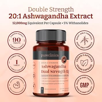 pureclinica ZenVedha Ashwagandha 600mg (20:1 Root Extract) 180 Vegan Capsules (2 Pack) 5% Withanolides with Vitamin B6 (5mg) Double Strength 6 Month Supply