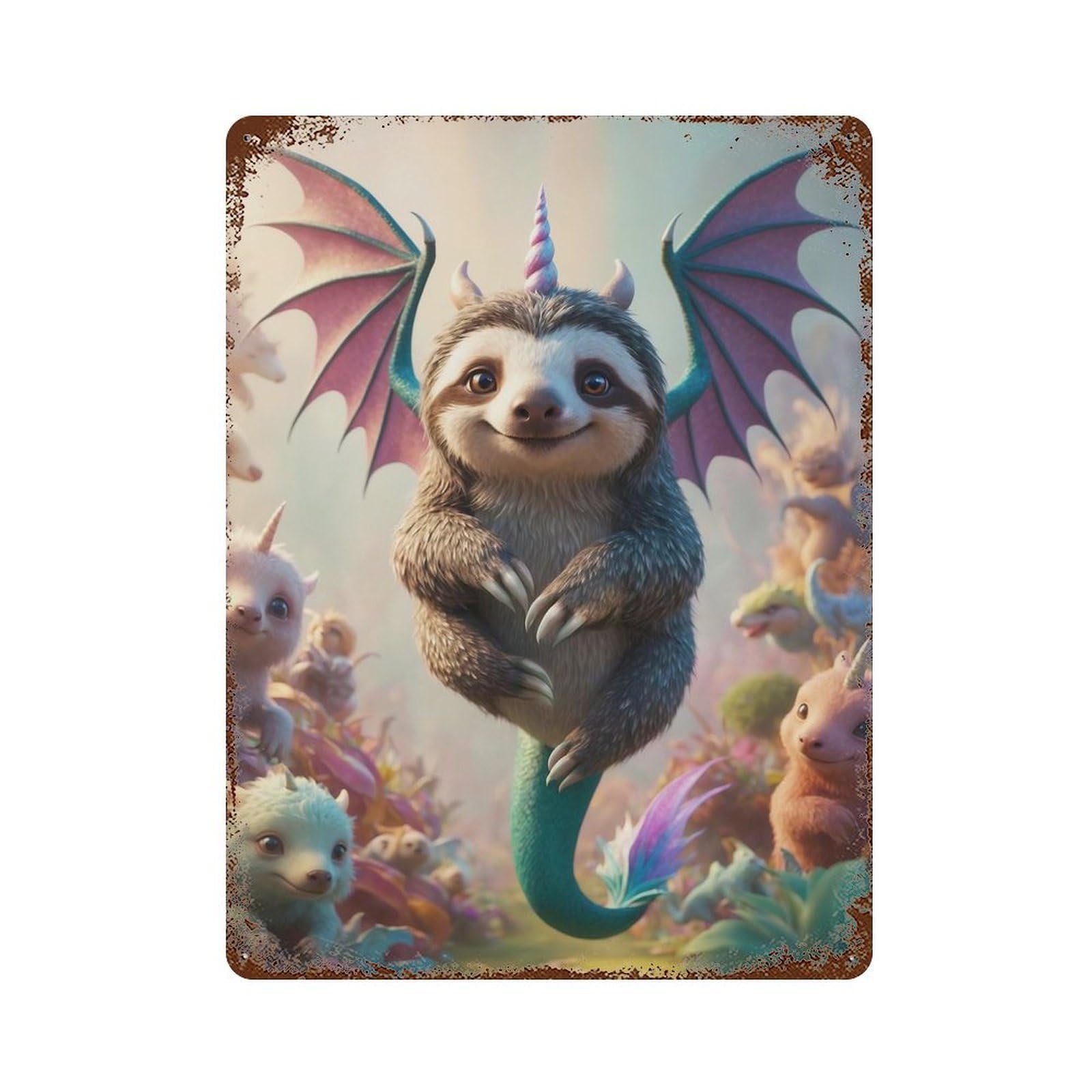 Rust Effect Unicorn Dragon Baby Sloth Hybrid Weathered Tin Sign 15.7"x11.8", Novelty Wall Decor for Office, Studio And Wall Decor