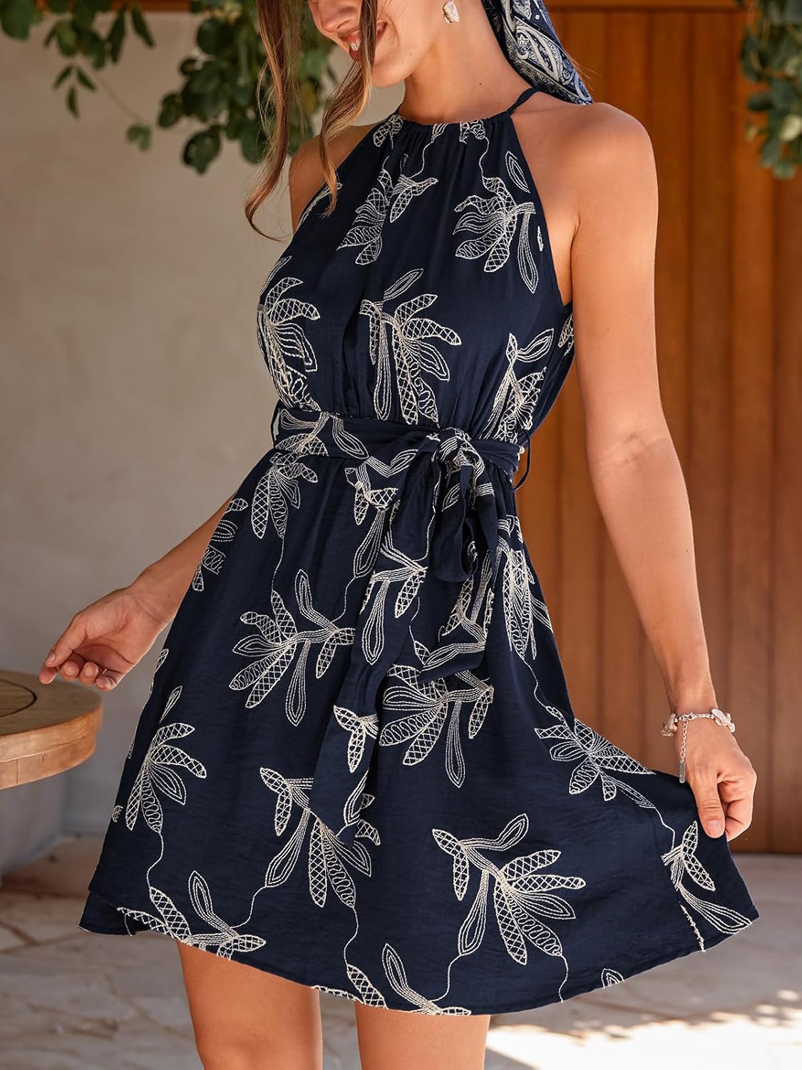 CUPSHE Women's Summer Dresses Tropical Floral Halter Tie Back Self Tie Belt Sleeveless Casual Beach Mini Dress