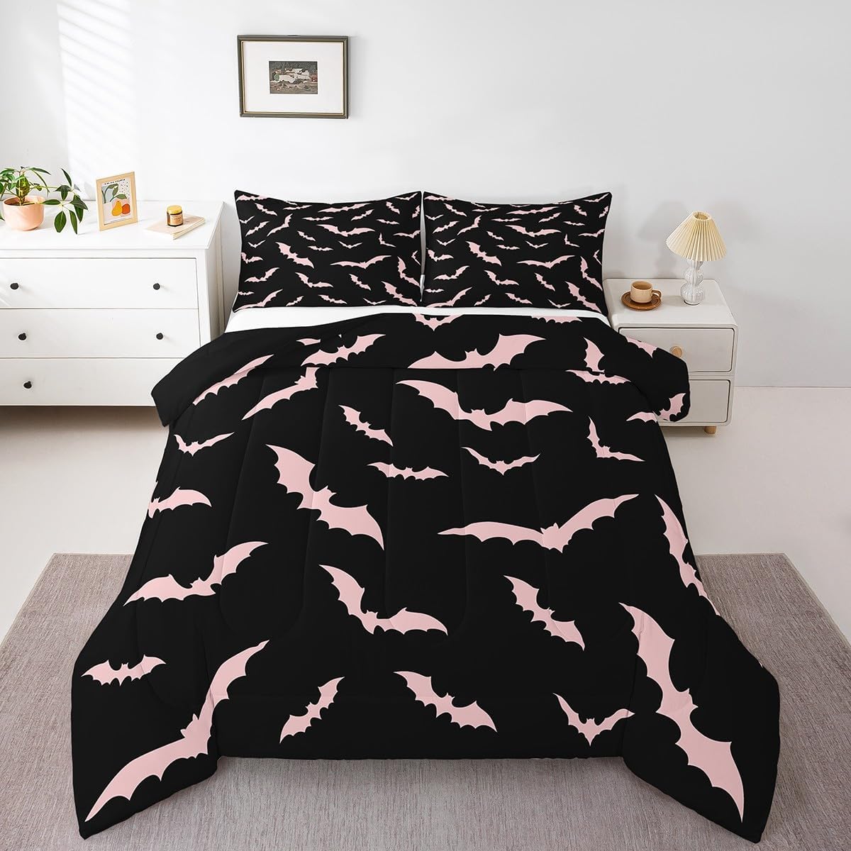 Erosebridal Bat Comforter Set Halloween Pink Bats Bedding Set with 2 Pillow Cases Silhouette Gothic Quilt Queen Size for Kids Boys Youth Gothic Spooky Bedding Comforter Sets,Black Pink Queen