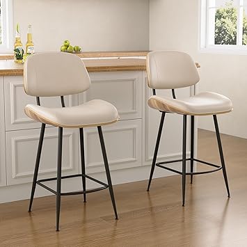 BV Mid Century Modern Barstools Set of 2, PU Leather Counter Height Stools with Walnut Bentwood Back & Metal Legs, 26.7" Bar Stools Armless Kitchen Island Chairs with Footrest for Home Bars, Beige
