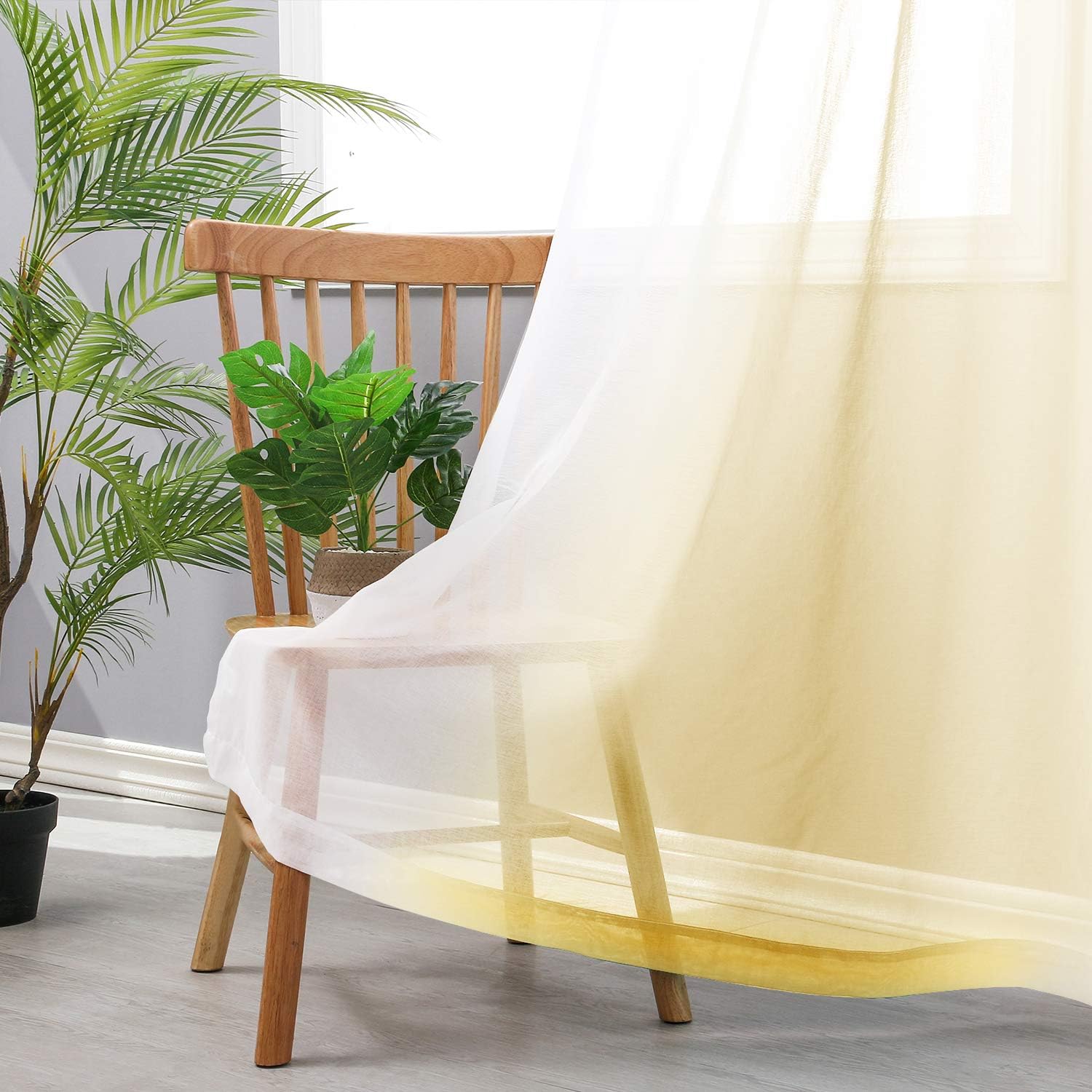 Hiasan Ombre Sheer Curtains for Living Room - Faux Linen Voile Grommet Window Curtains for Bedroom, Set of 2 Panels, 52 x 96 Inches Long, Yellow Gradient