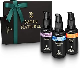 Satin Naturel Luxuriöse Geschenke für Frauen – 3x30ml Serum Set mit Retinol, Hyaluron & Vitamin C – Vegane Gesichtspflege in Luxus Geschenkbox – Beauty Skincare Set für Geburtstag & besondere Anlässe