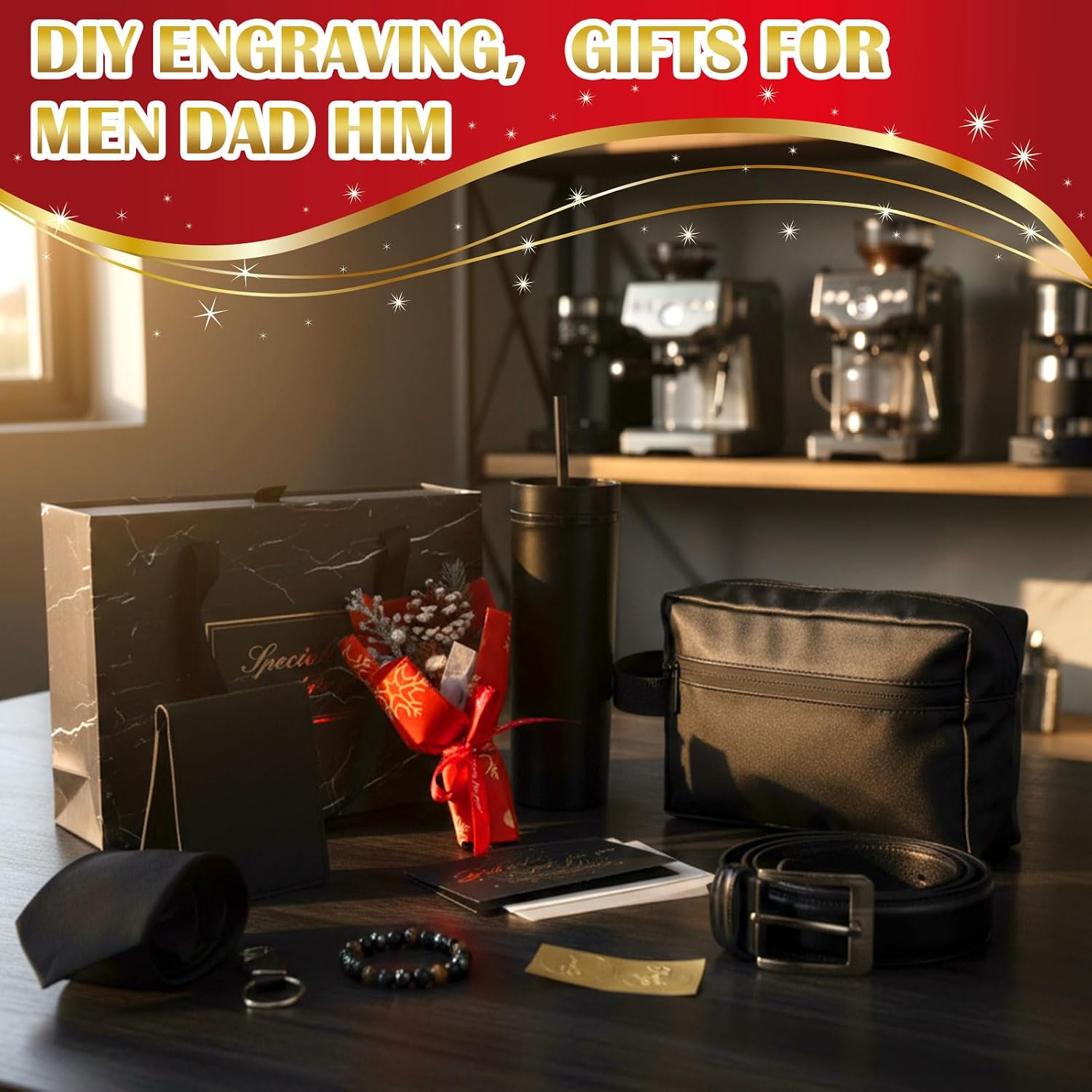 Tioncy 10 Pcs Father Day Gifts Set, Dad Men Gift Basket Box Kit - 16 oz Tumblers Wallet Tie Belt Anniversary Birthday Present for Him Husband Boyfriend(Christmas Red)