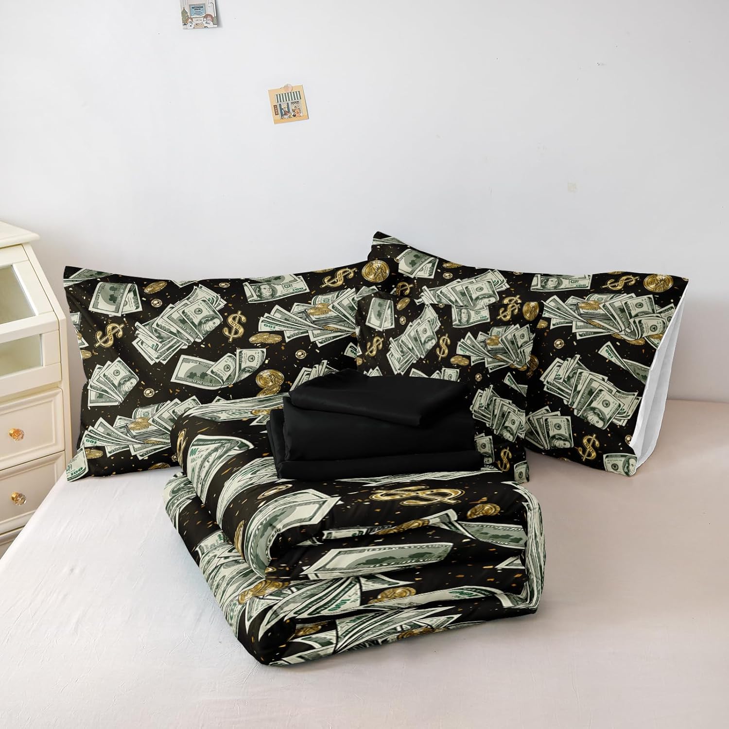 Merryword 8 Pieces Bed in a Bag Bill Cash Comforter Set Queen Size USA Money Dollar Comforter Set Gold Coins Bedding Set with 1 Comforter, 4 Pillowcases, 1 Flat Sheet, 1 Fitted Sheet, 1 Cushion Cover
