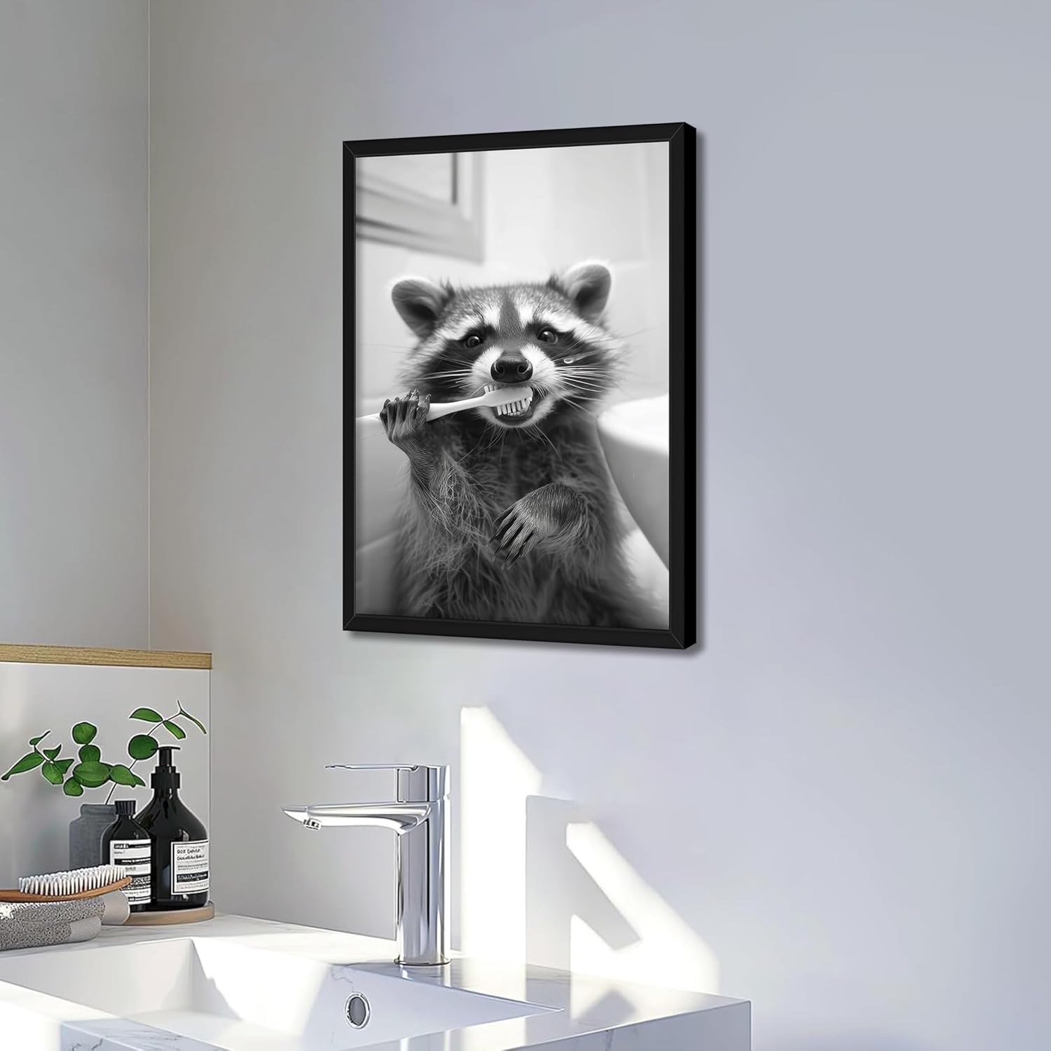 Funny Raccoon Bathroom Wall Art, Black and White Animal Canvas Wall Decor Painting, Modern Rustic Farmhouse Artwork Prints Pictures for Bathroom Restroom 12x16 Inch Framed