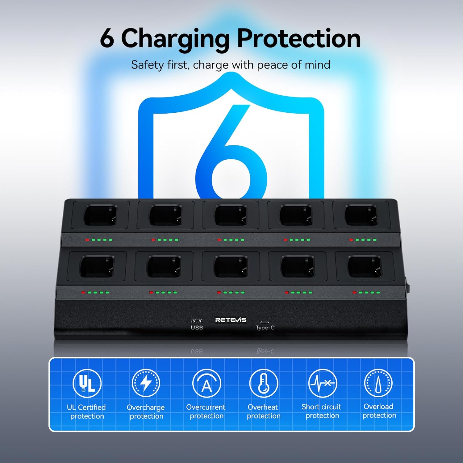 Retevis H-777 10-Way Walkie Talkie Charger, Ten Way Multi Unit Charger, for Retevis H-777 H-777H, H777D Walkie Talkie, 5 LED Indicators, AC/DC Adapter, Replaceable Base(1 Pack)
