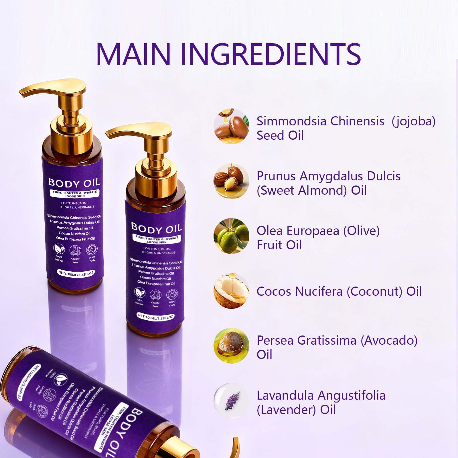 Body Firming Oil for Crepey-Looking Skin with Jojoba, Almond & Coconut Oils, 3.4 fl oz