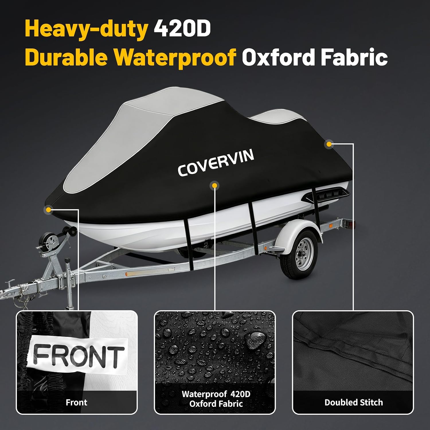 COVERVIN Jet Ski Cover, Waterproof UV-Resistant Jetski Cover with Marine-Grade Vents and Windproof Buckles for 2-3 Seat Compatible Sea-Doo and Yamaha Jetski Accessories (135“–145”)