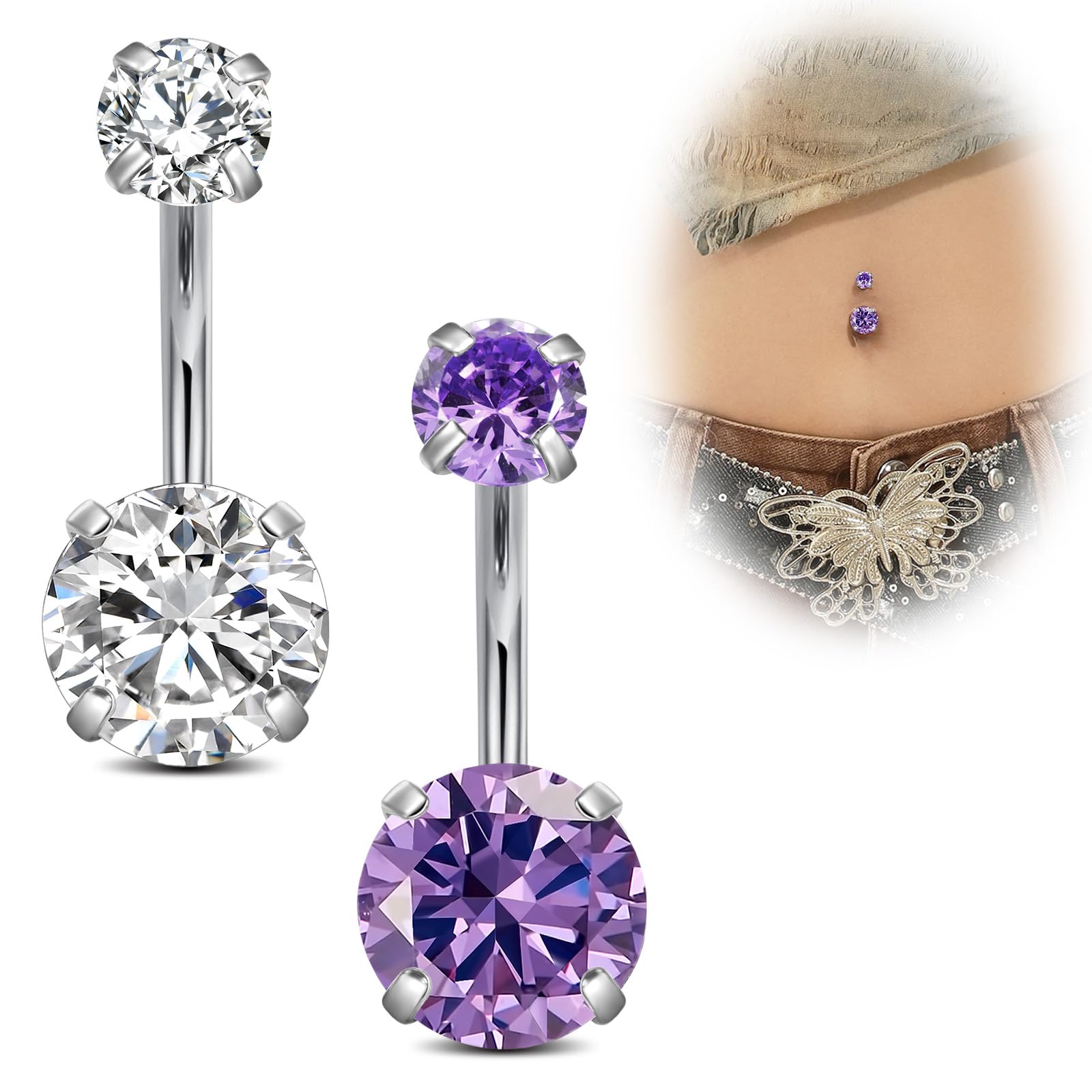 Funseedrr 14G Bauchnabelpiercing Chirurgenstahl Barbell Set 6/8/10/12mm Edelstahl stablänge für Frauen 2 Stück Nabelpiercing Schmuck mit CZ Silber