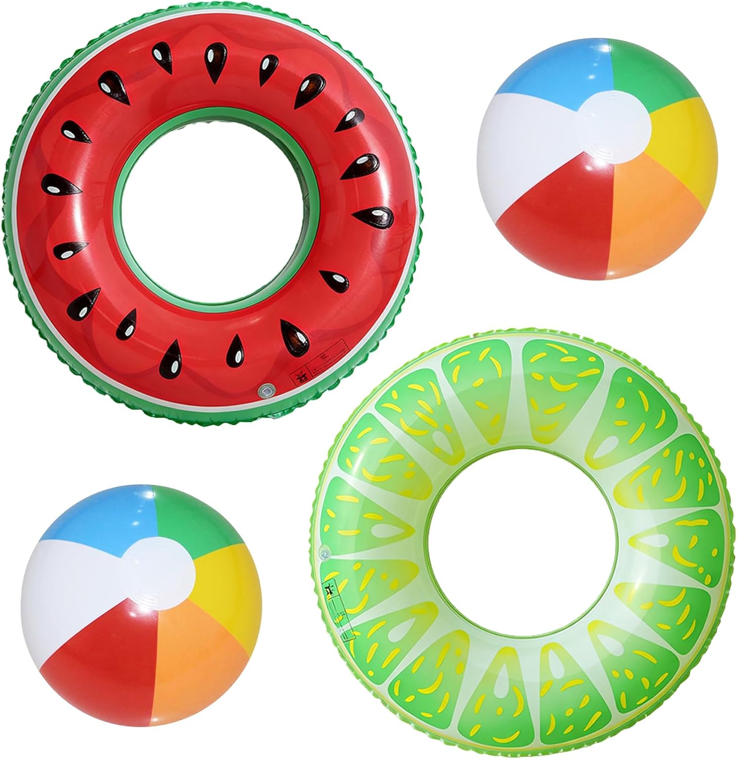 3 Pcs Pool Inflatables for Adults, Swimming Rubber Ring, Watermelon Lemon Fruit Inflatable Swimming Rings, With 2 12 Inch Beach Balls, Ideal for Pool Beach Lake Party Decorations