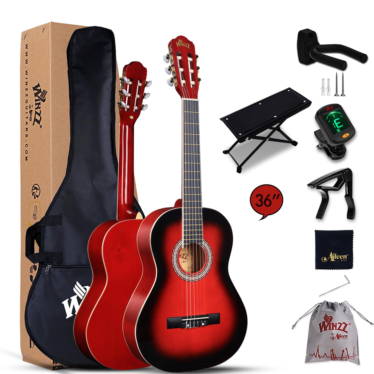 Winzz Gitara koncertowa 3/4, klasyczna gitara dla początkujących dla dzieci - czerwona błyszcząca (36 cali)