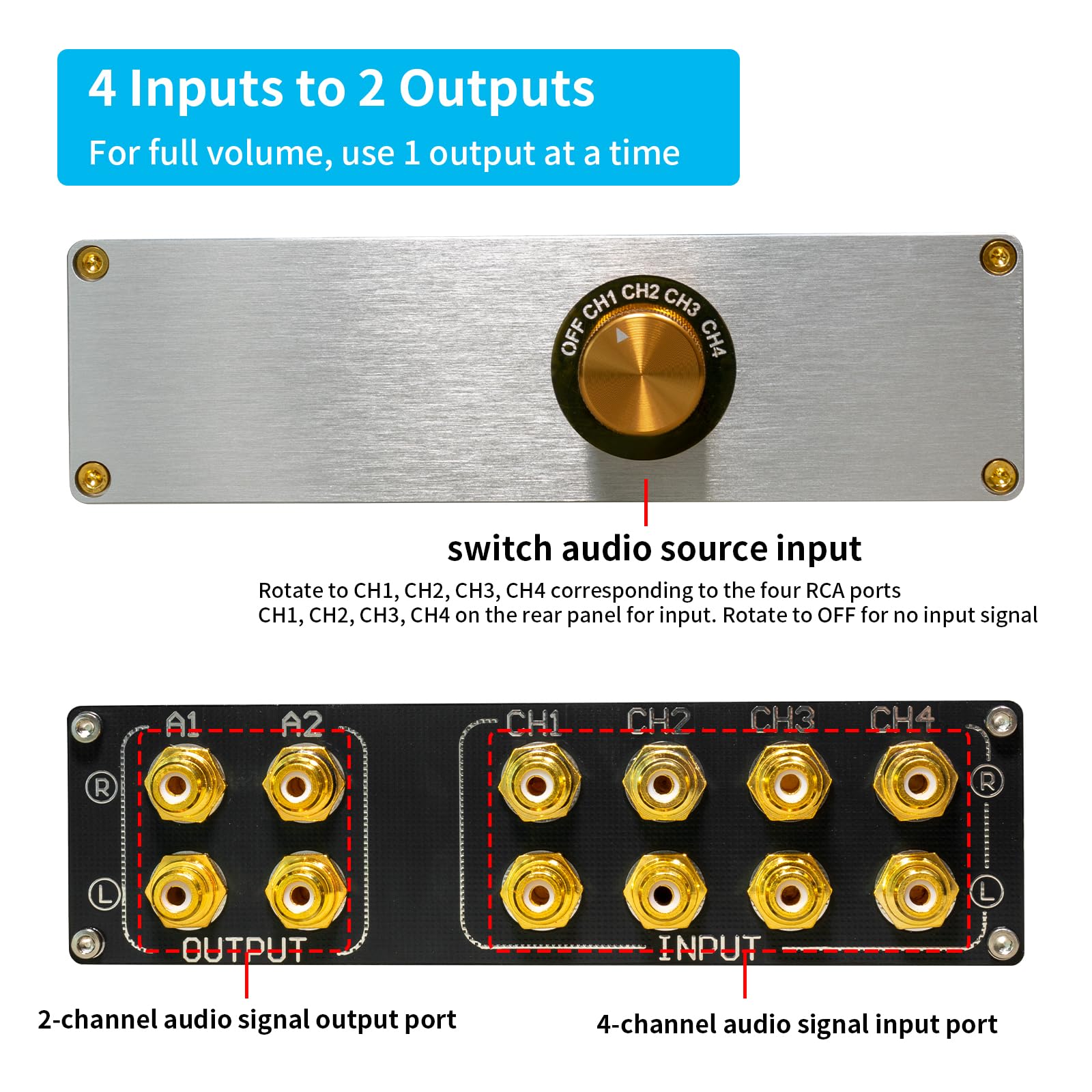 Switch Box audio RCA 4 in 2 Out - Selettore commutatore audio stereo passivo con jack RCA placcati oro e custodia in lega di alluminio, selettore di ingresso a 4 vie per lettore CD, TV, amplificatore