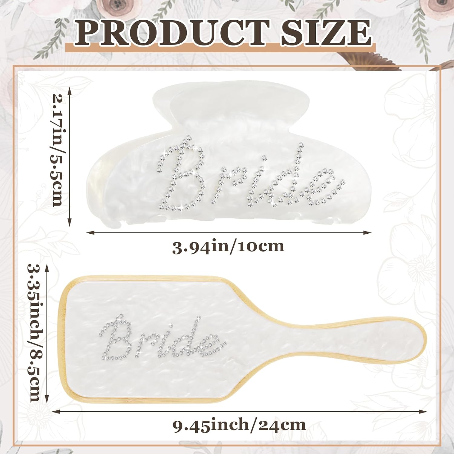 Vicenpal 2 Pcs Bride to Be Gift Set White Wooden Paddle Brush & Bridal Hair Claw Clip with Sparkling Rhinestone Bride Details Bridal Shower Gift for Bachelorette Party Wedding Accessories