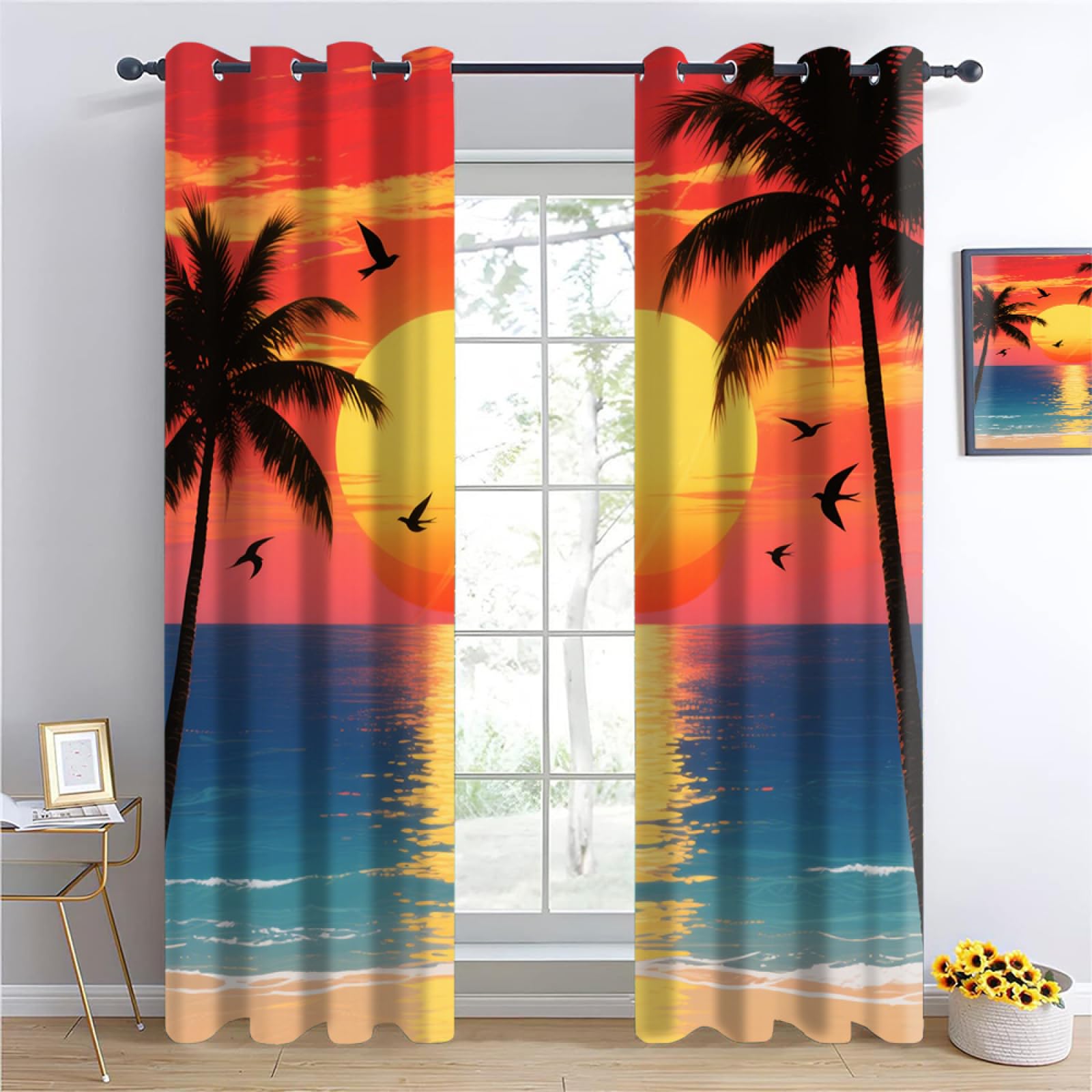 YNIOFU Orange-red sunset Insulated Blackout Curtains,palm trees Bedroom Curtains, Illustration Beach Drapes for Kids Nursery, Tropical style Living Room Printed Noise Reducing W96 x L183cm 2 Panels