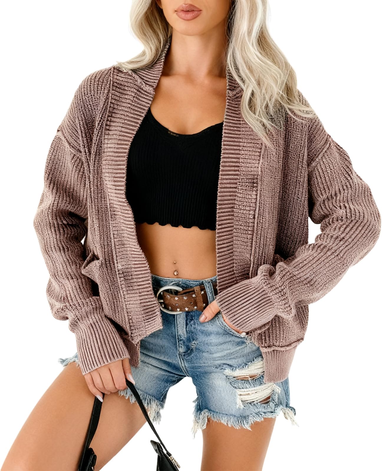Womens Open Front Sweater Cardigan Long Sleeve Cable Patchwork Knit Mineral Wash Loose Short Cardigans Outerwear Coats