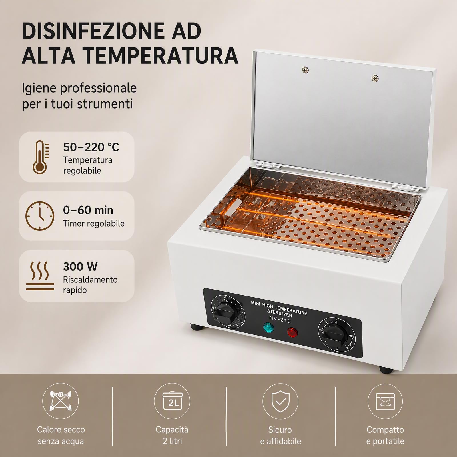 Esterilizador de Instrumentos 300W 220V Esterilizador de Aire Caliente con Temporizador y Luces de Visualización Claras, 2L Max. 220℃ Piano Autoclave para Salones de Belleza, Salones de Uñas, Barbería