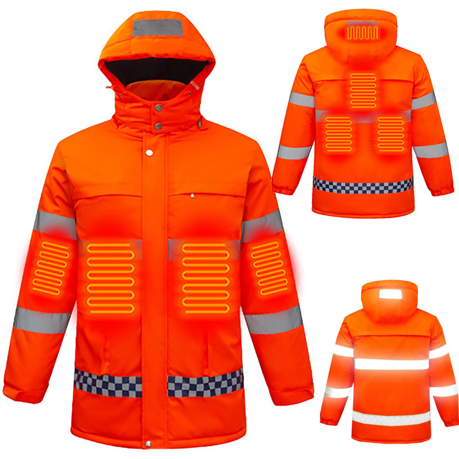 Beheizbare Herrenjacke, Wasserdicht Und Gut Sichtbar, Mit Reflektorstreifen Und Taschen, 8 Heizzonen | 3 Temperaturstufen, Beheizbare Winterbekleidung Orange-XL