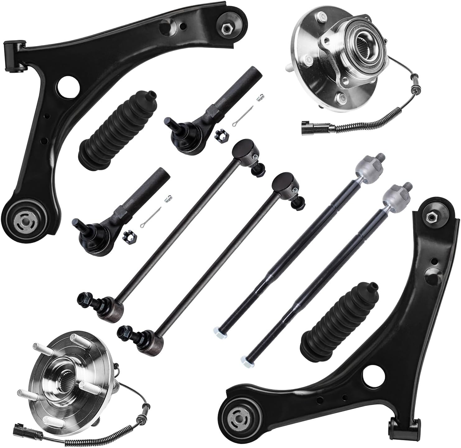 Detroit Axle - 12pc Front End Suspension Kit for Chrysler Town & Country Dodge Grand Caravan Volkswagen Routan, 2 Lower Control Arms 2 Wheel Bearing Hubs 4 Tie Rods 2 Boots 2 Sway Bars Replacement