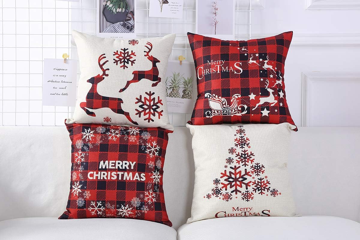 16x16 Christmas Throw Pillow Covers, Decorative Outdoor Farmhouse Merry Christmas Xmas Christmas Tree Pillow Shams Cases Slipcovers Set of 4 for Couch Sofa image 4